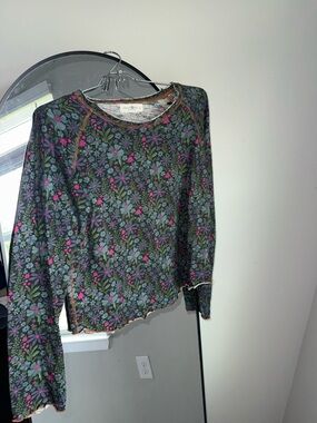 Natural Life Lily Cotton Long Sleeve Tee Shirt Dark Blue Garden large floral